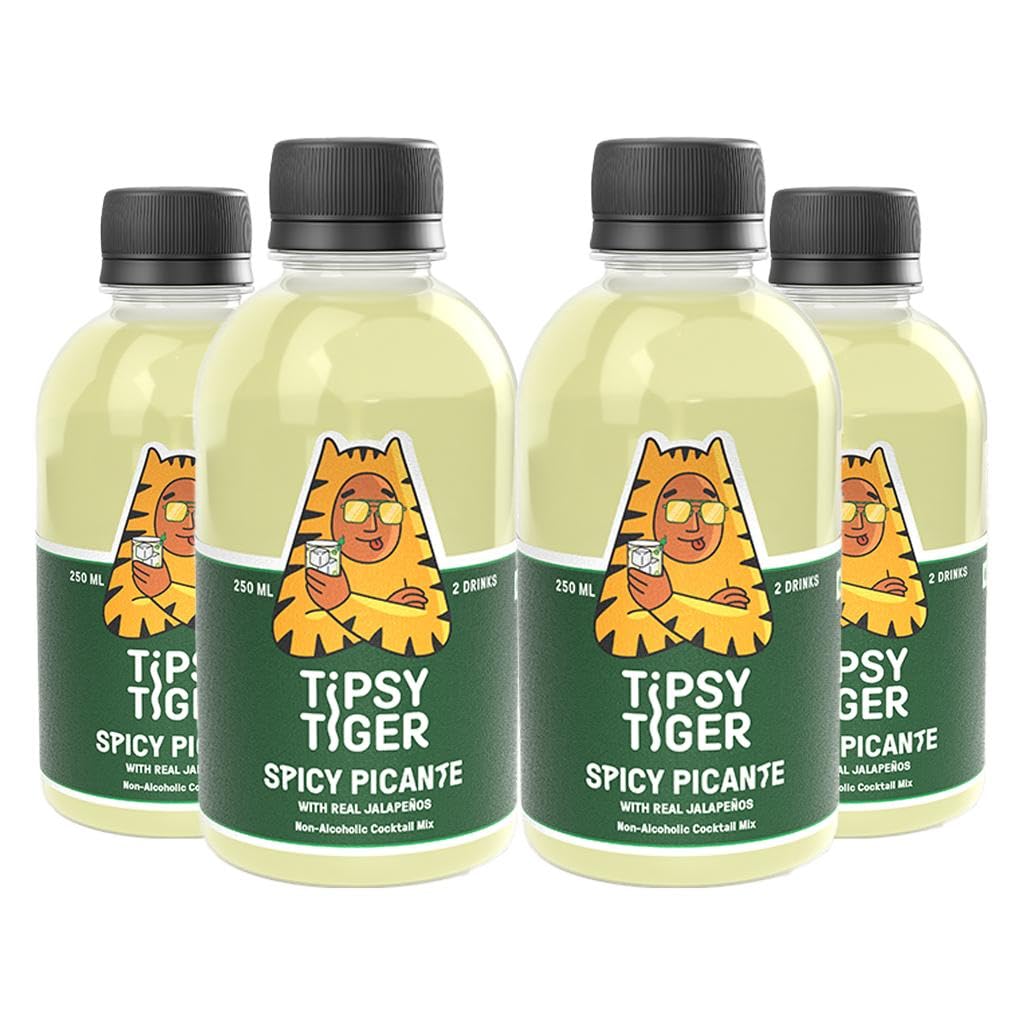 Tipsy Tiger Picante Cocktail Mix | With Jalapenos & Lemon Juice | Less than 5% Added Sugar | No Artificial Flavours, Colours or Sweeteners | 250ml x 4 Bottles = 8 Drinks | Bar Quality Picante Cocktail & Mocktail Mix | Guilt-Free Indulgence