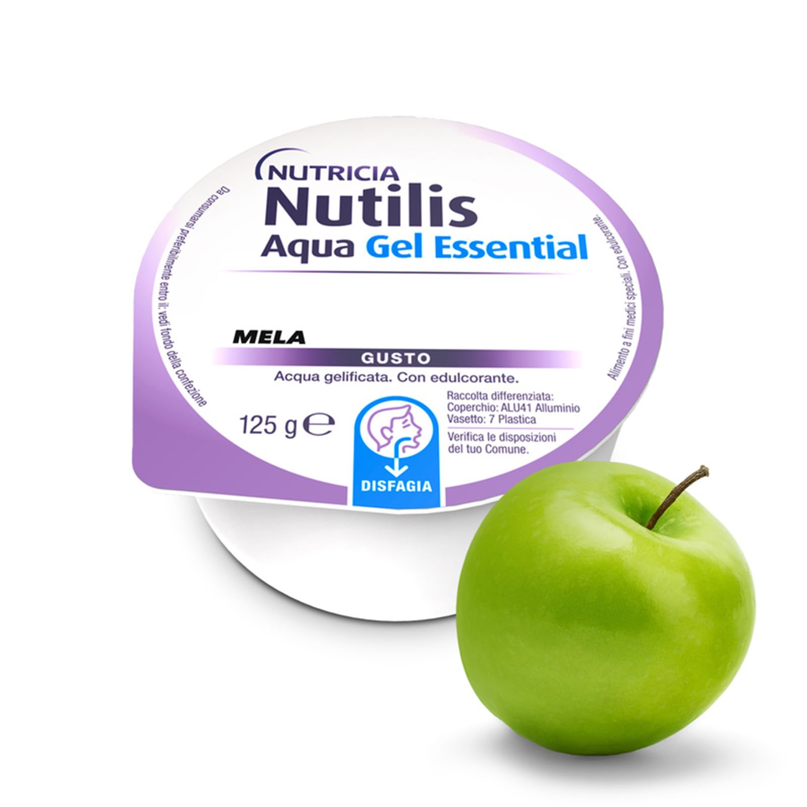 NUTILIS AQUA GEL ESSENTIAL - Acqua Gelificata per la Gestione Dietetica della Disfagia, Senza Zucchero, Glutine e Lattosio, Alimento a Fini Medici Speciali, Gusto Mela - 4 x 125g (Confezione da 4)