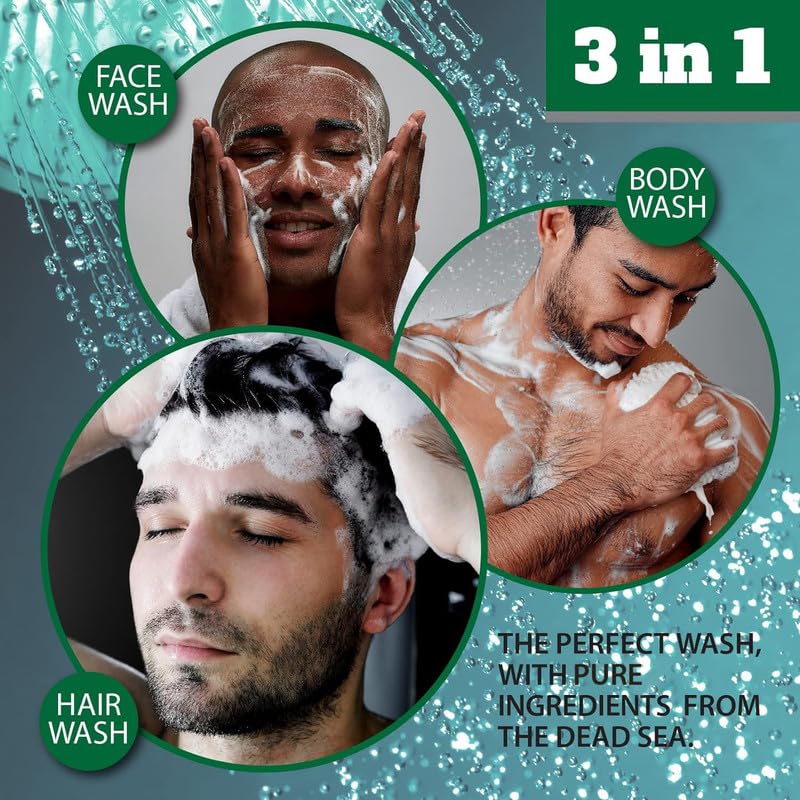 Dead Sea Collection Mens Shower Gel 3 in 1 with Eucalyptus & Mint, Body Wash with Dead Sea Salt, Shampoo for Men Face Wash - Image 2