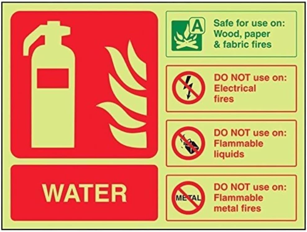 V Safety Glow In The Dark Water Id Fire Extinguisher Sign - 200mm x 150mm - Rigid Plastic