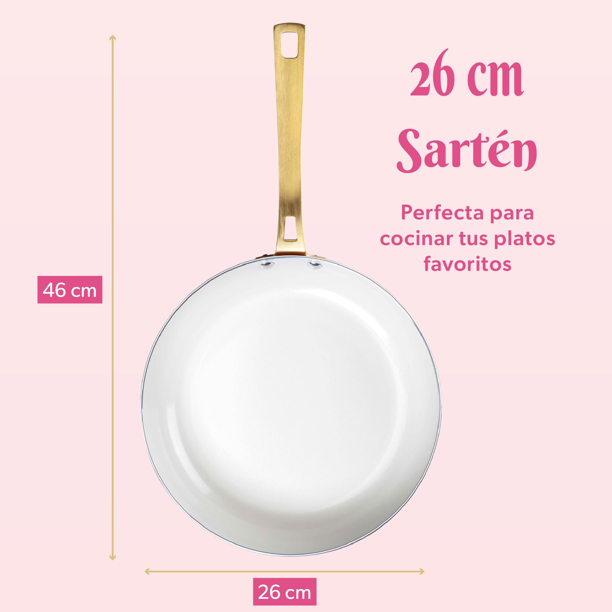 Fackelmann Paris Hilton – Sartén de aluminio con revestimiento cerámico antiadherente, diámetro 25 x 45 cm, para todo tipo de fuegos, incluida inducción, apta para lavavajillas, mango dorado, rosa,