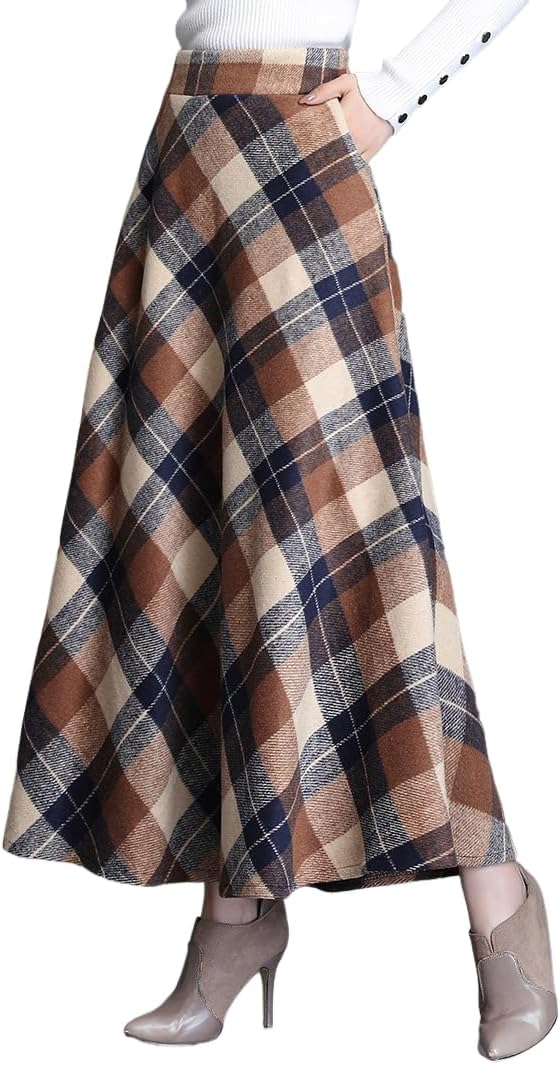 Women's Winter Wool Long Skirt High Waist Elastic Elegant Plaid A-Lin Maxi Skirts