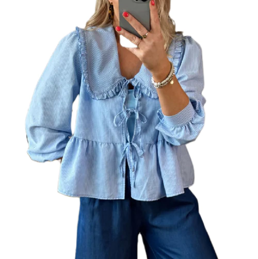 LeyajedolWomen Y2K Peplum Shirt Puff Short Sleeve Lace Up Bow Blouse Tie Front Ruffle Hem Babydoll Top Summer Going Out Top