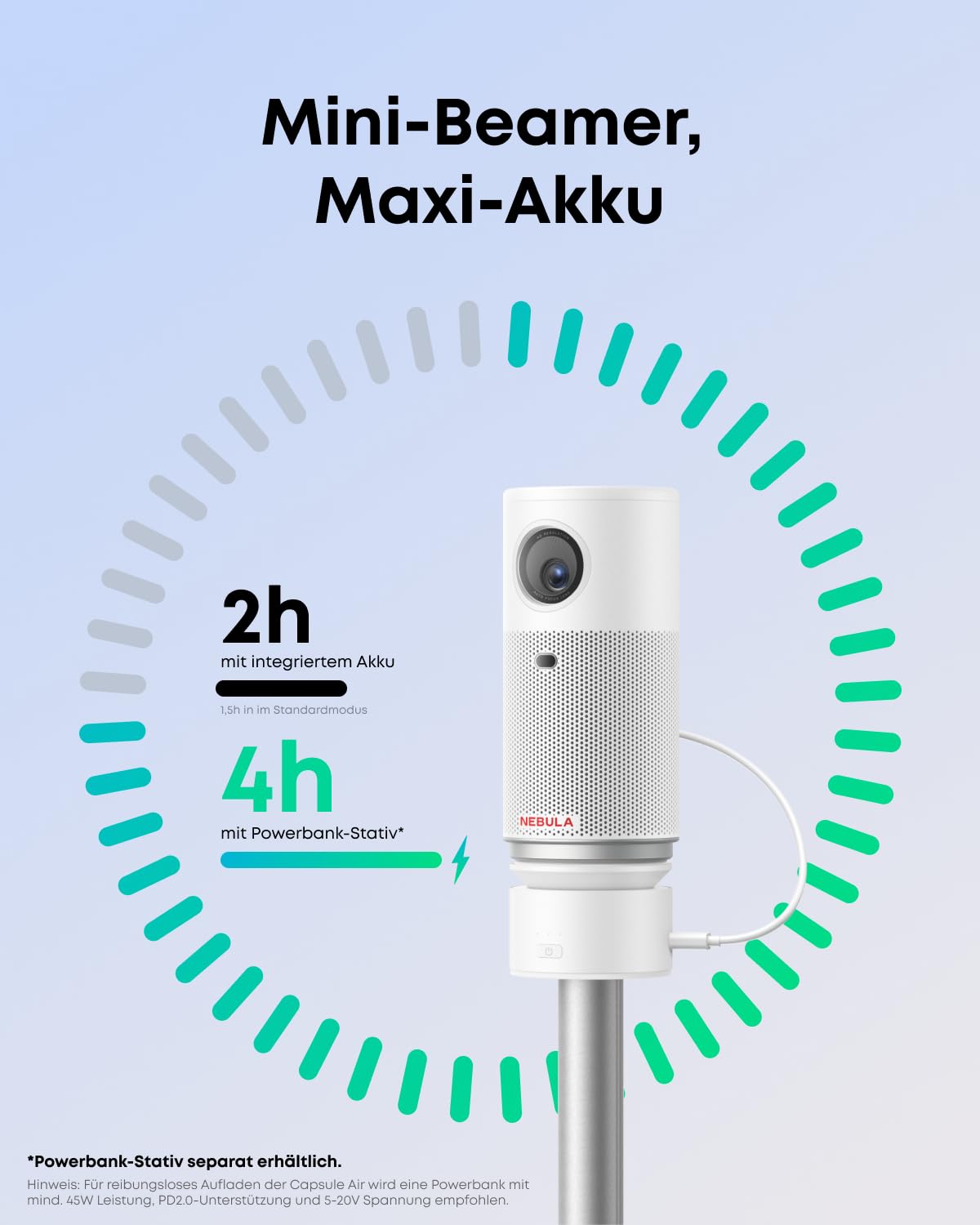 NEBULA Capsule Air Projektor mit Google TV, offiziell Lizenziertes Netflix, 720p Smarter Mini-Beamer mit WLAN & Bluetooth, 2 Stunden Akku, Dolby Digital, ultrakompakt für Flexible Nutzung