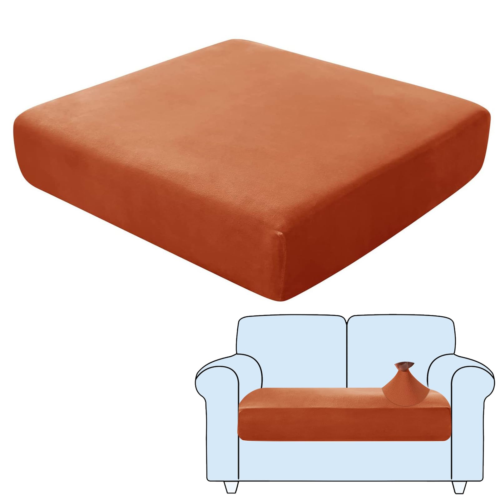 SHUOJIA Sofa Seat Cushion Covers, Stretch Velvet Sofa Cover, Non-Slip Couch Cushion Covers Replacement for Individual Cushion,with Elastic Fabric,Machine Washable (Dark Orange,2-Seater)
