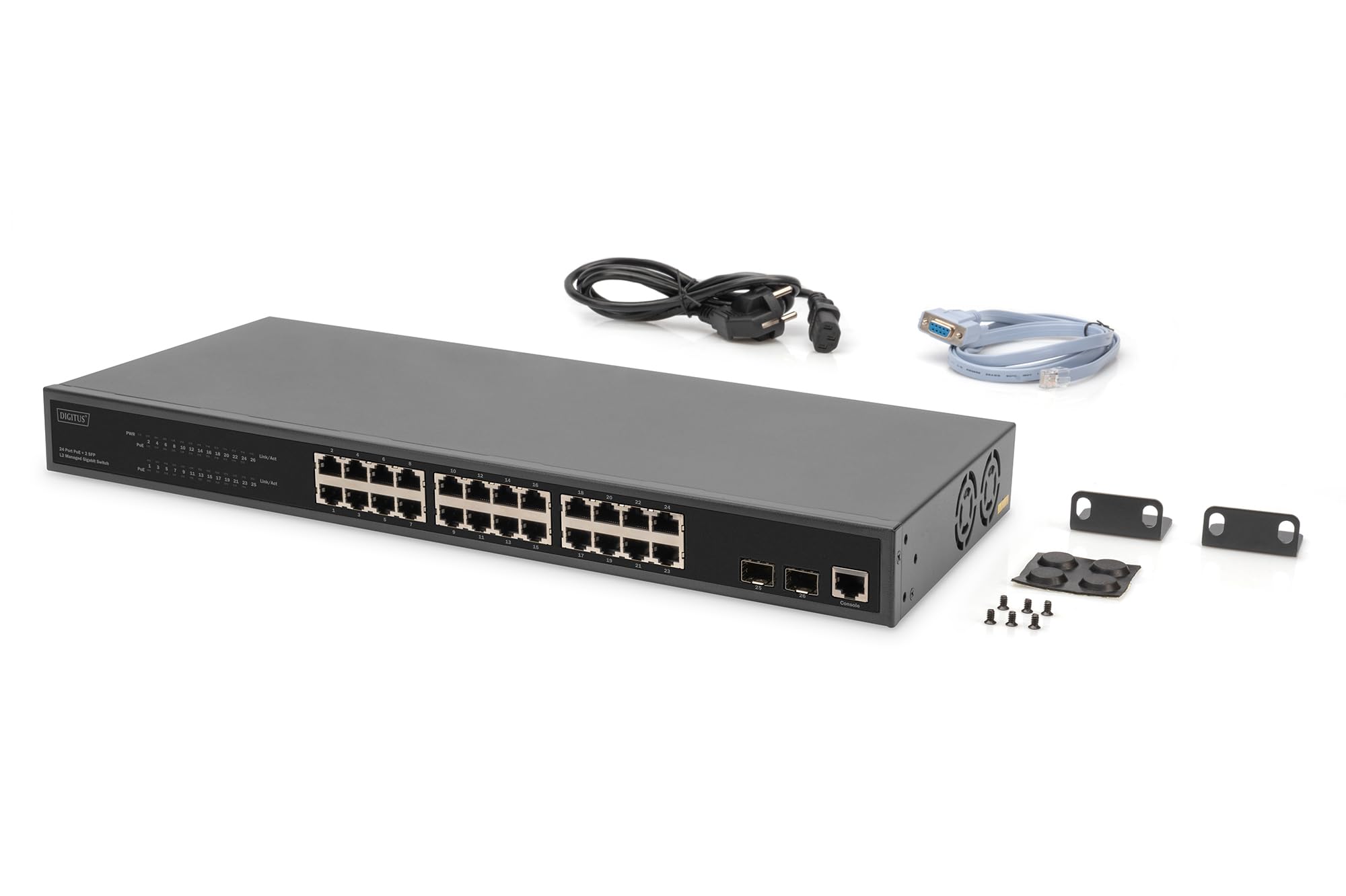 DIGITUS 27-Port Managed Gigabit PoE Netzwerk-Switch - 24 RJ45-Ports - 2 SFP-Ports - 1 Console-Port - 450W PoE-Budget - L2 Features - 19 Zoll - 10/100/1000 Mbps - schwarz, (DN-95359)