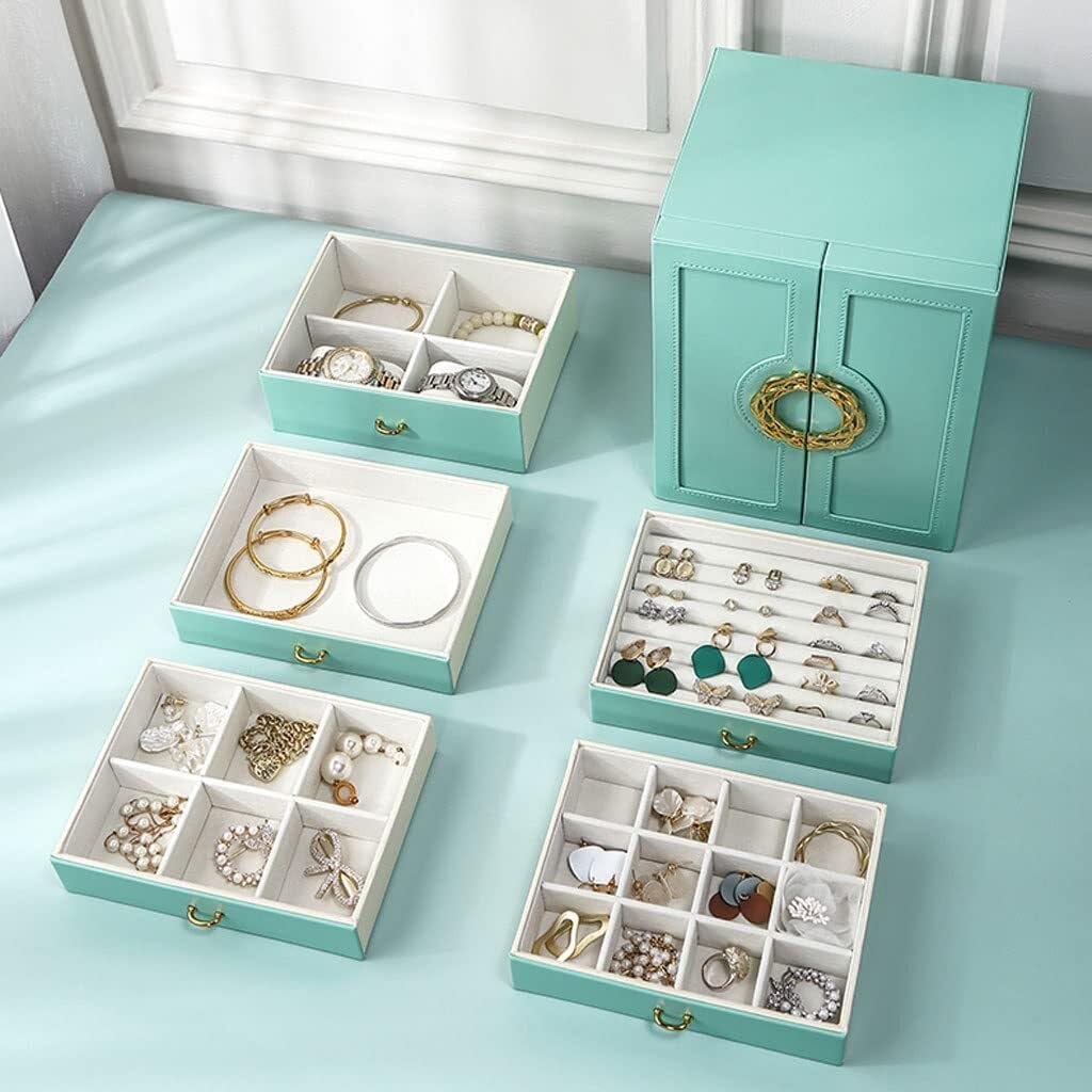 Joyero Organizador con 5 cajones y Puertas Dobles, Estuche de Cuero para Guardar Anillos, Pendientes, Collares y Relojes.
