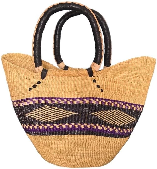 Handwoven Bolga U Shopper Basket with Leather Handles