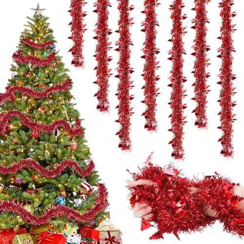 16M Lametta Weihnachtsbaum Rot, 8 Stück Weihnachtsdeko Girlande...