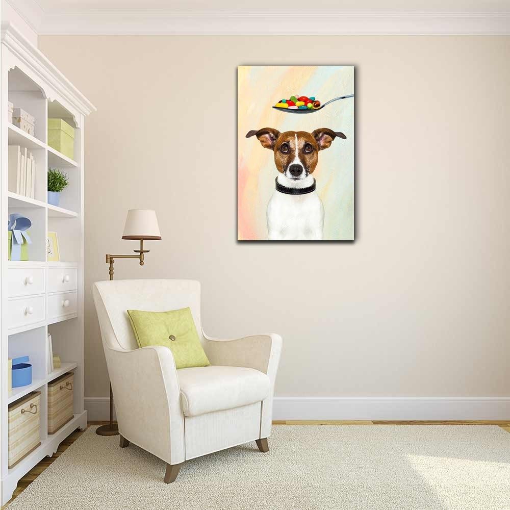 wall26 - Vet Canvas Wall Art - A Spoon of Colorful Pills and a Dog Funny Vet Art - Gallery Wrap Modern Home Art | Ready to Hang - 24x36 inches