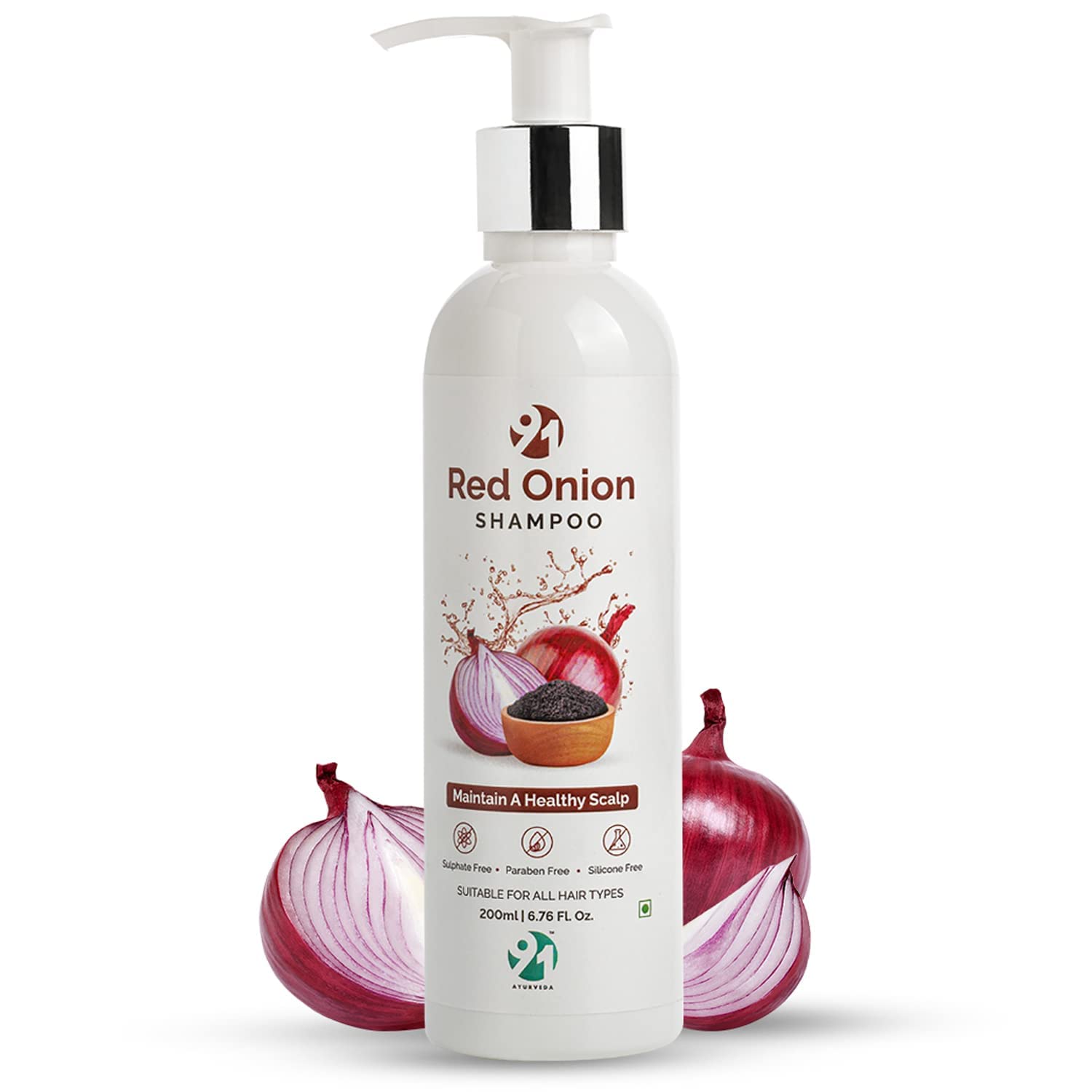 91 AYURVEDA Red Onion Shampoo With Red Onion Seed Oil Extract, Black Seed Oil for Hair | Paraben, Sulphate & Silicones free - 200ml Onion Shampoo