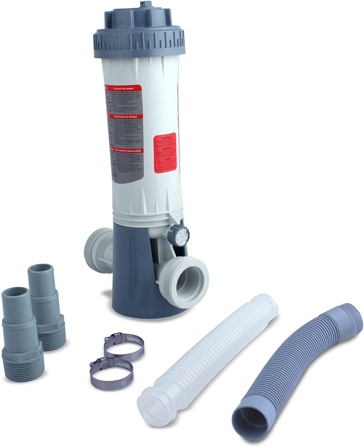 Doseur de chlore automatique pour piscine - Distributeur de produits chimiques avec accessoires - Taille de raccordement 32-38 mm - Gris et blanc