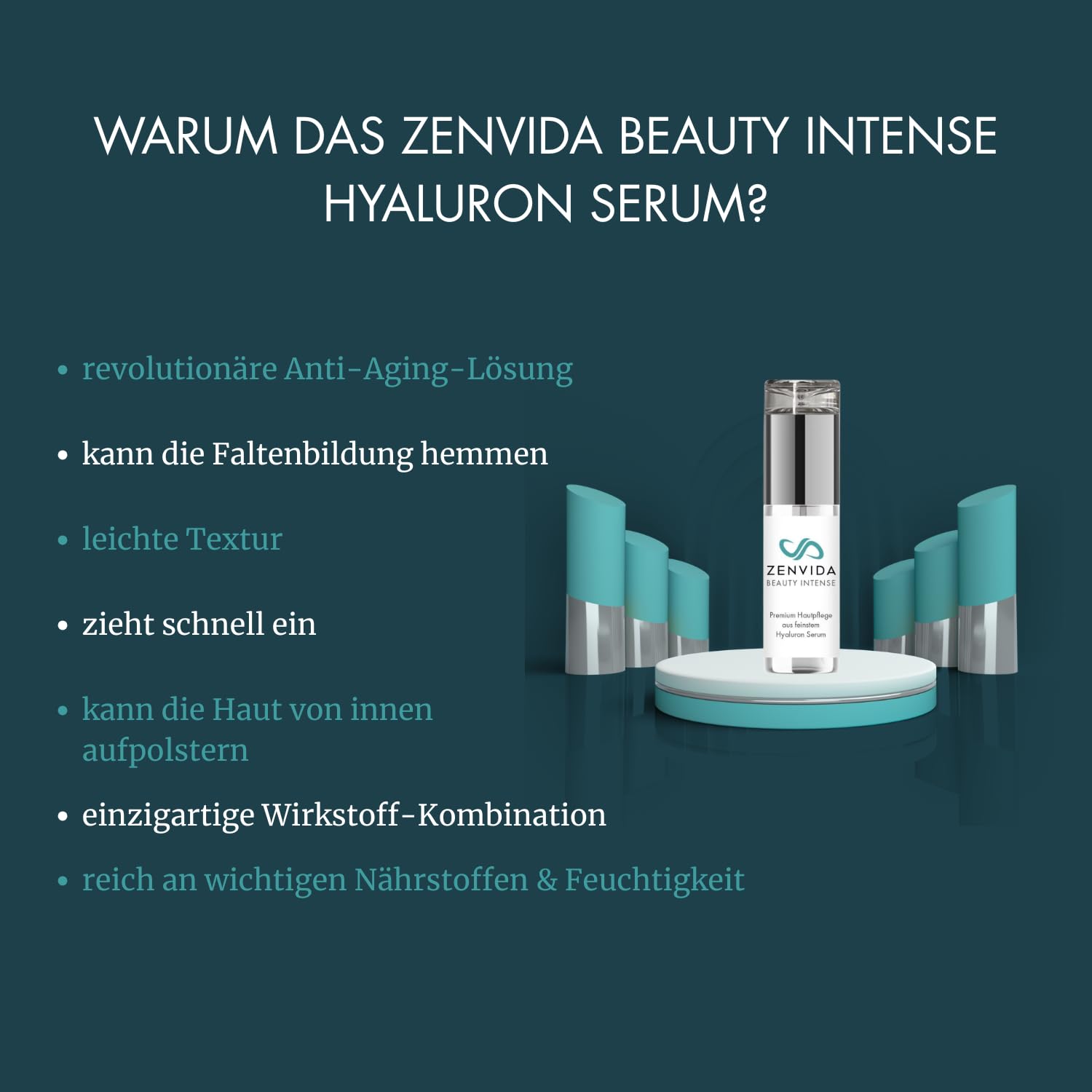BEAUTY INTENSE Hyaluron Serum 50ml, Anti-Aging Elixier mit Zink, MSM & Silber, multimolekulare Feuchtigkeitspflege, vegan, made in Germany für sensible & reife Haut