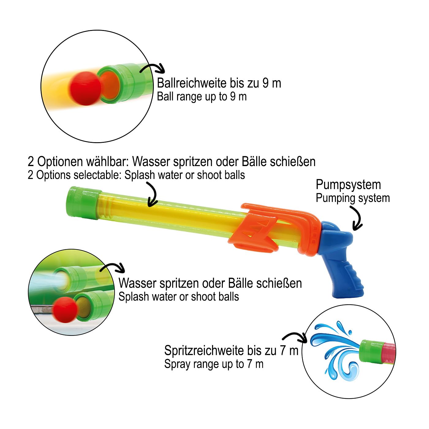 Jamara 460313 – Mc Fizz Fizzy Balls zielony – 2 w 1 pistolet na wodę z miękkimi piłkami, natryskiwanie wody lub strzelanie piłek, system pompowania, łatwa w obsłudze, zasięg ok. 7 m – zasięg ok. 9 m