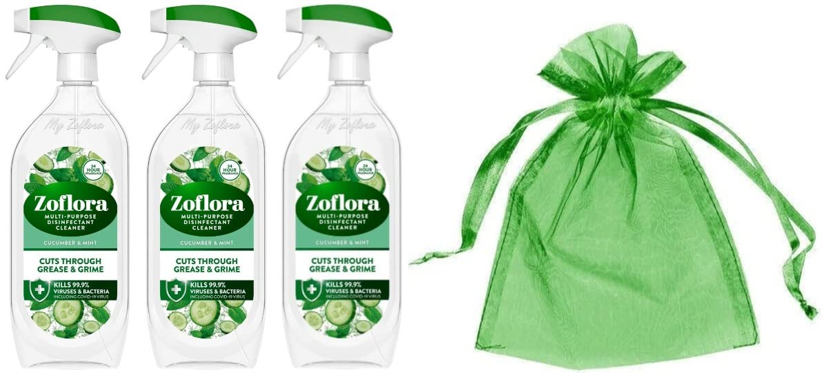 Zoflora Multi Purpose Disinfectant Cleaner Trigger Spray, Cuts Through Grease and Grime, Pack of Three, 3 x 800 ml, Cucumber & Mint Scent + Our Gift for You - Organza Bag Size 9 x 7 x 0.1 cm