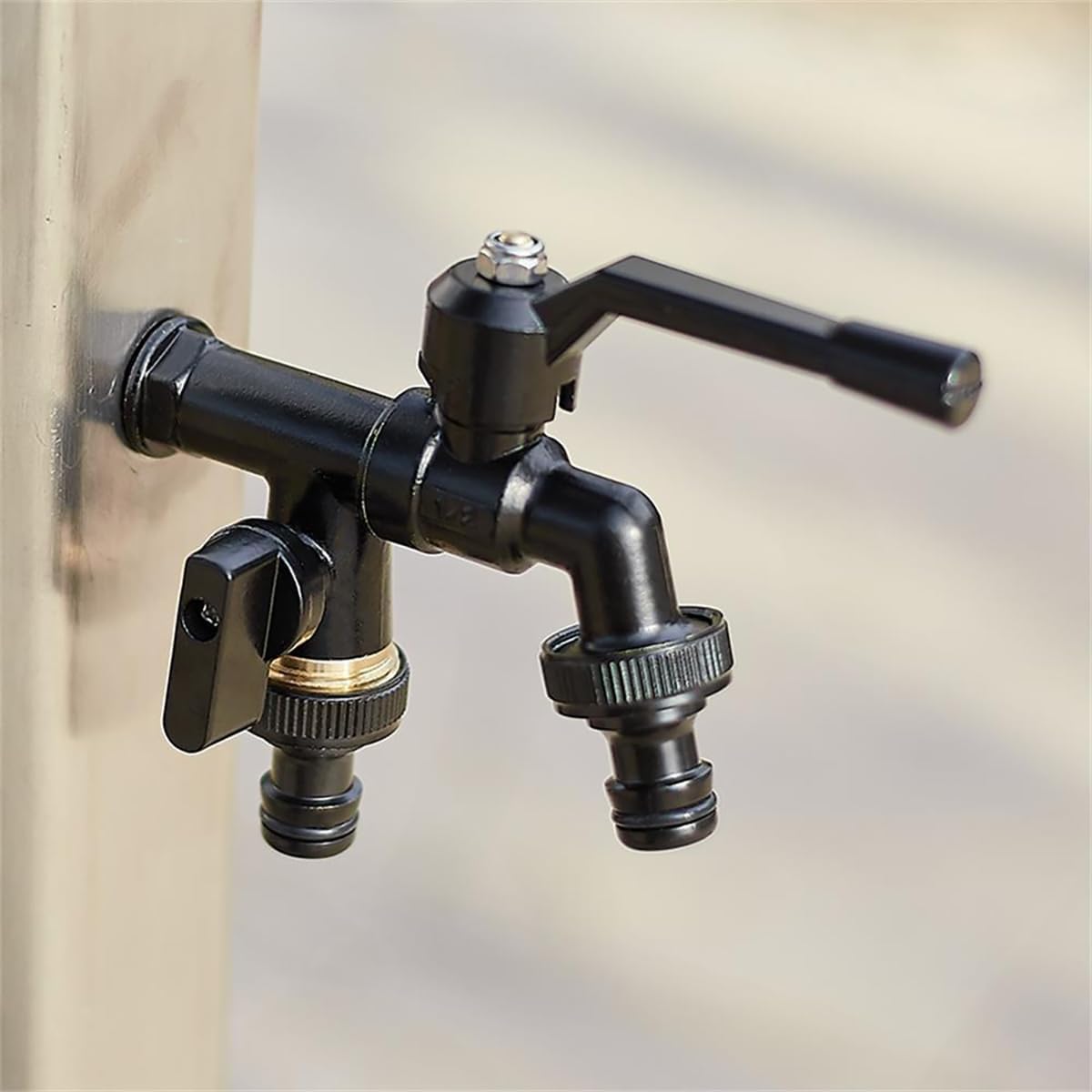 Black Brass Garden Hose Faucet Outdoor 3/4 Inch Anti-Freeze Bibcocks with Dual Outlet for Washing Machine Garden Hose Pipe