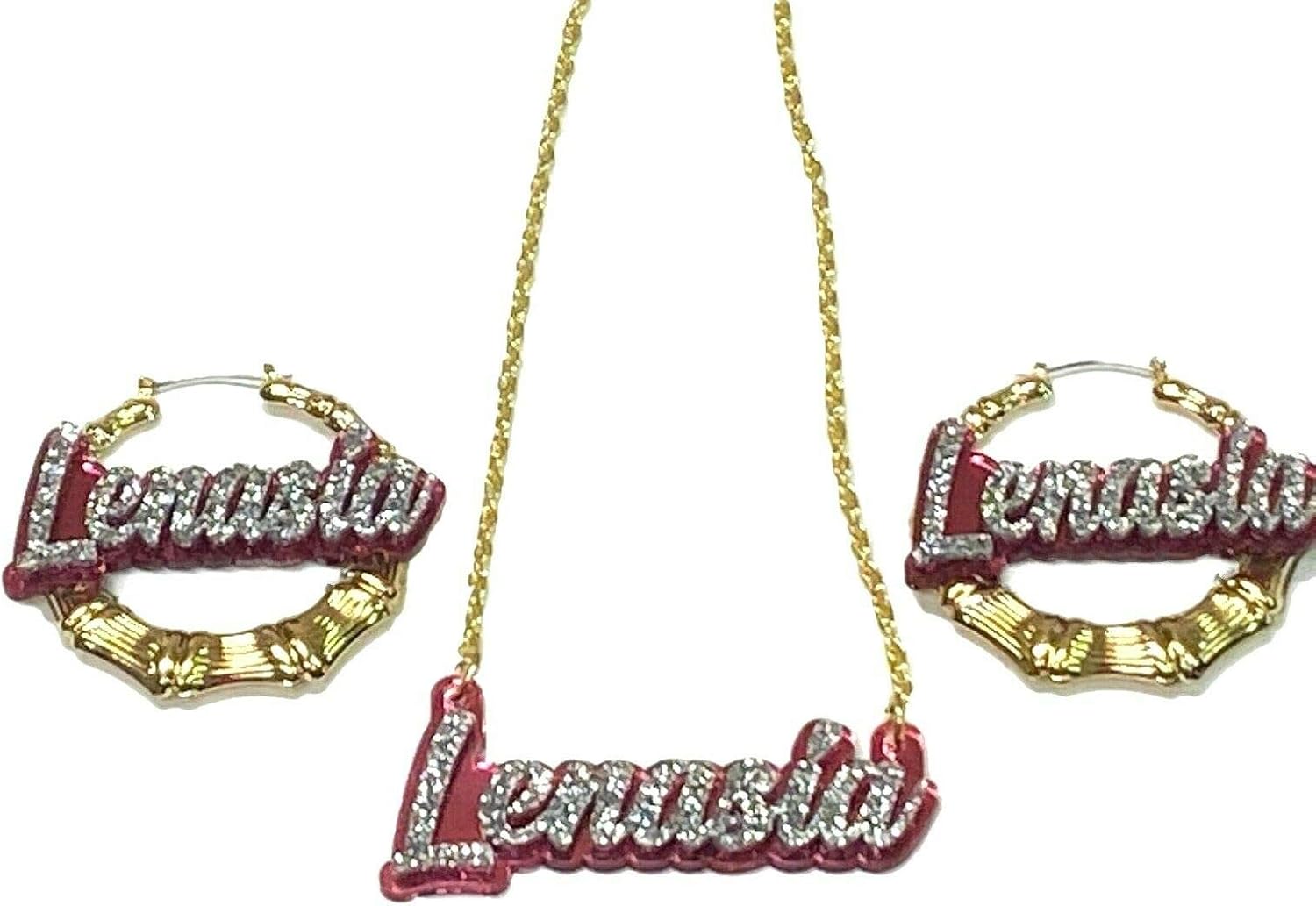 Necklace and 1.5, 2.5, 3.5" Size and Color Choice Earrings Personalized Matching Set Script Name Plate Custom Nameplate Laser Cut, Diamond Look, Made To Order Any Name - Dazzling and Stunning!