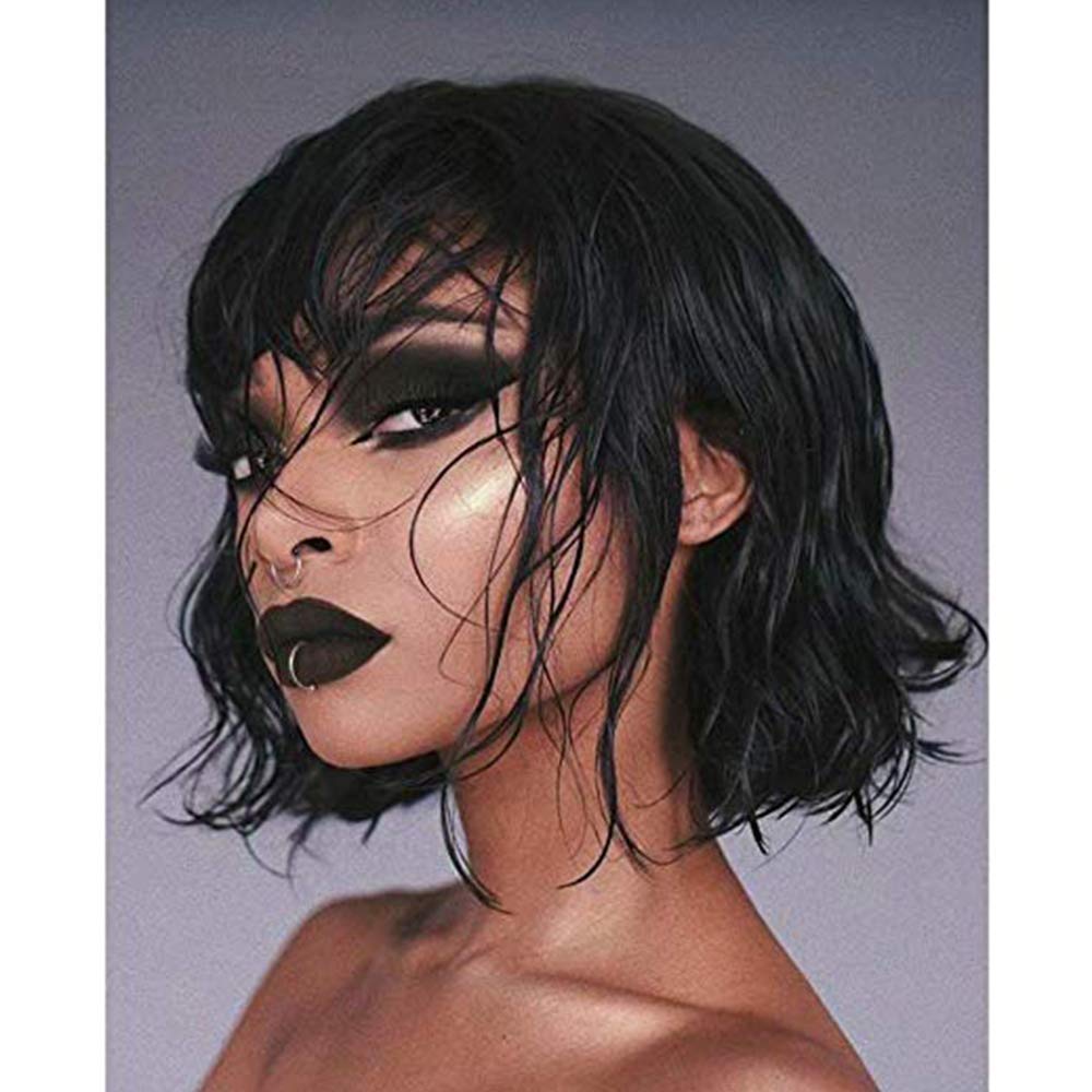 QUINLUX Short Loose Wave Lace Front Human Hair Wigs Pre Plucked for Black Woman 150% Density Short Bob with Air Bangs Bob Cut Wigs 100% Brazilian Virgin Hair Natural Color