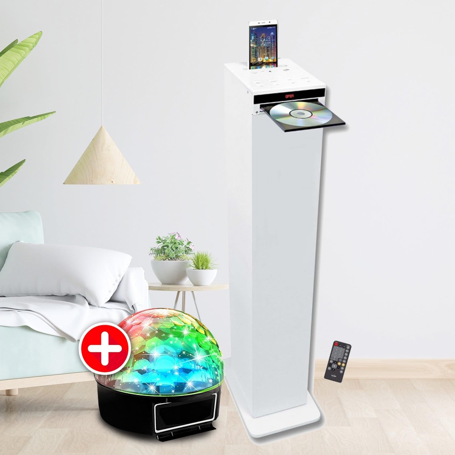 Tour de son blanche avec lecteur CD, Bluetooth, FM et USB, 60W , télécommande, Jeu de lumière OVNI LED | Rakuten