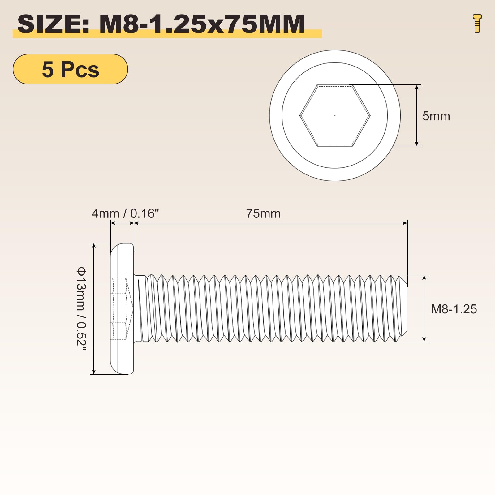 METALLIXITY Flat Head Hex Socket Cap Screws Bolts(M8-1.25x75) 5Pcs, 304 Stainless Steel Hex Socket Furniture Bolts Screws - Image 2