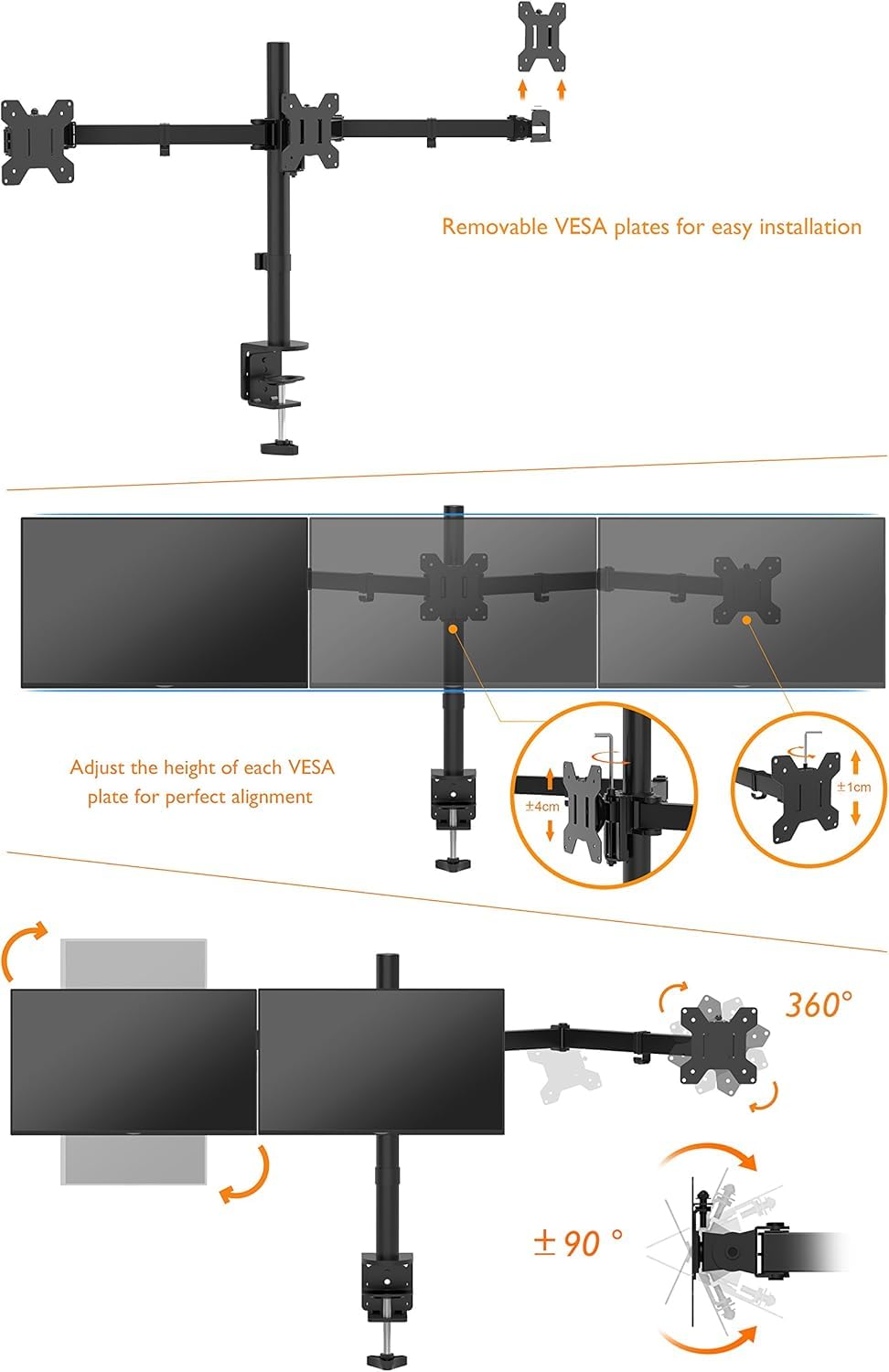 HOBBYTECH Support Écran PC, Support Triple Moniteur 3 Écrans 13-24", Compatibilité 75x75mm/100x100mm, Rotation/Inclinable/Pivotable, Hauteur Réglable, Charge Maximale 7kg