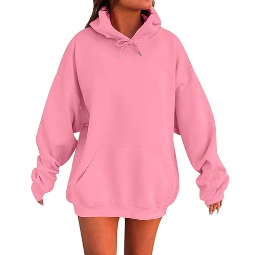 Hoodie Damen Oversize Casual Einfarbig Langarm Pullover Mit Kapuze Warm Kapuzenpullover Mit Taschen Herbst Sweatshirt Hoody Locker Basic Pulli Hooded Outdoor Sport Langarmshirt Outwear Streetwear - 1-pink - M