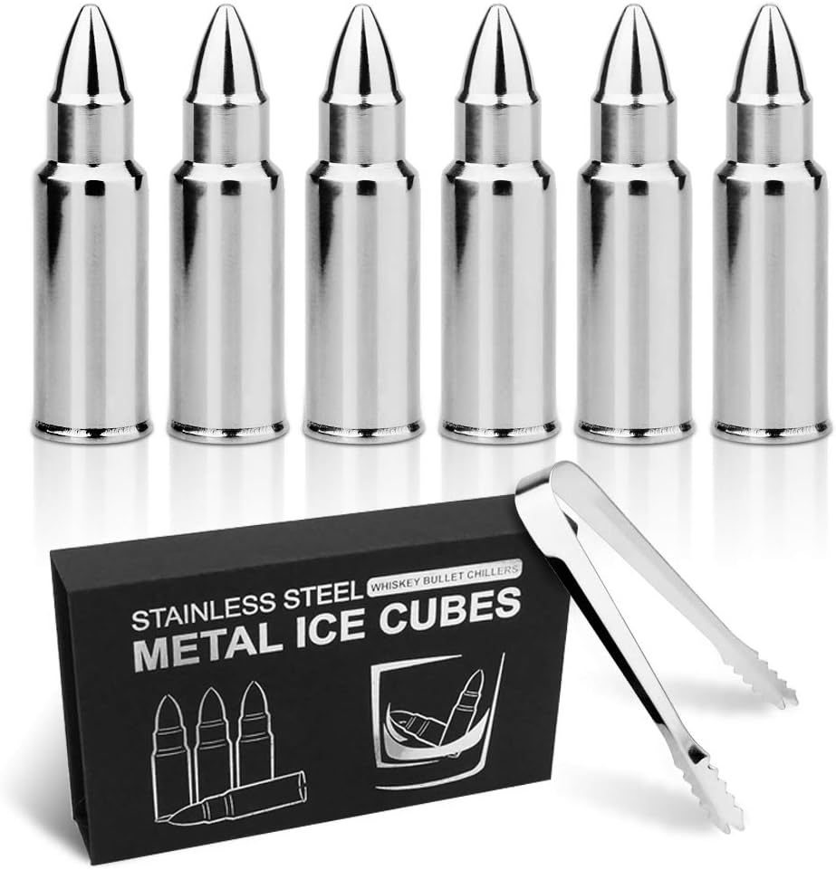 GoStar Reusable Metal Whiskey Stones Stainless Steel - set of 6,Wine Whiskey Rocks Bullet Shaped Ice Cubes with Tongs and Gift Box