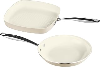 Pyrex 2-Piece Ceramic Cookware Grill & Fry Pan Set, Stainless Steel Handles