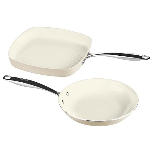 Pyrex 2-Piece Ceramic Cookware Grill & Fry Pan Set, Stainless Steel Handles | Healthy nonstick ceramic coating, induction compatible stainless steel, PFAS Lead Cadmium BPA Free - 2 Piece