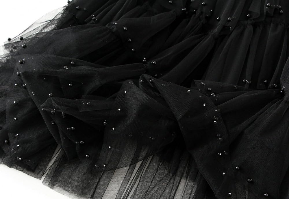 Damen-Tüllrock, Luxuriöser Perlen-Stufen-Midirock, Schwarz, Geschichteter, Plissierter Netzrock, Elastischer A-Linien-Rock Mit Hoher Taille, Modischer Party-Langrock Für Damen Und Mädchen