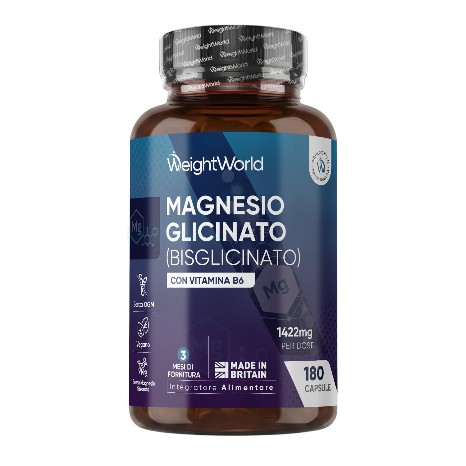 Magnesio Bisglicinato 1422mg per Dose con Vitamina B6, 180 Capsule (3 Mesi di Sc