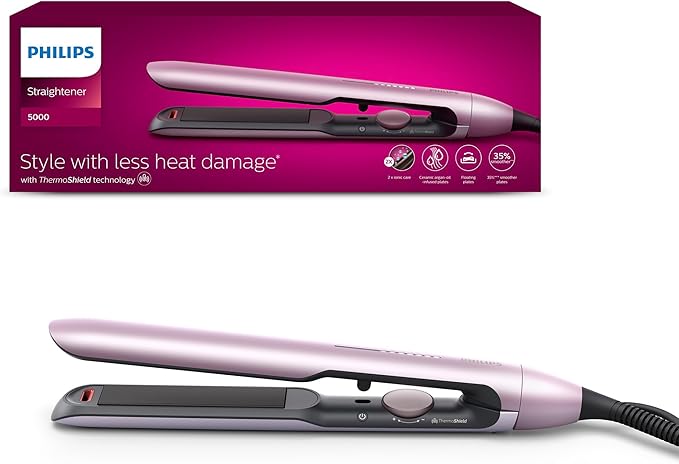 Philips Piastra Serie 5000, tecnologia ThermoShield, agli ioni, piastre con rivestimento in ceramica arricchito con olio di argan, rosa chiaro, modello BHS530/00