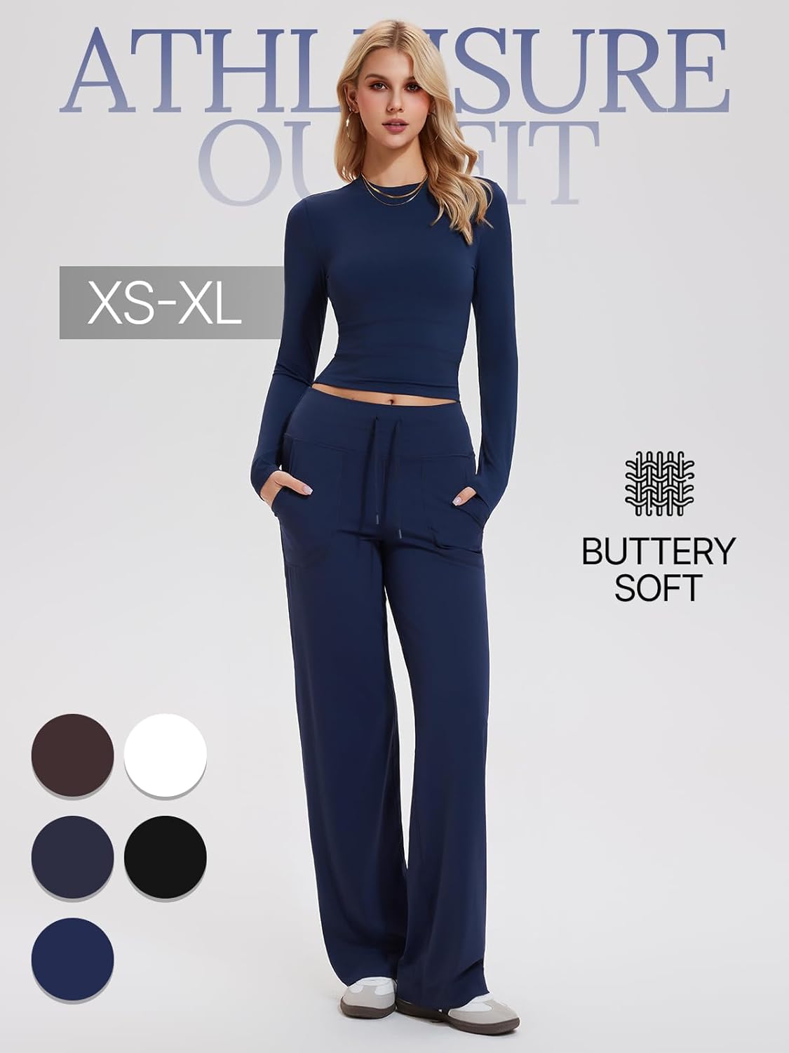 Women’s 2 Piece Lounge Sets Slim Crew Neck Long Sleeve Top & High Waist Straight Pants Tracksuit Sweatsuit Fall Travel Outfit - Image 3