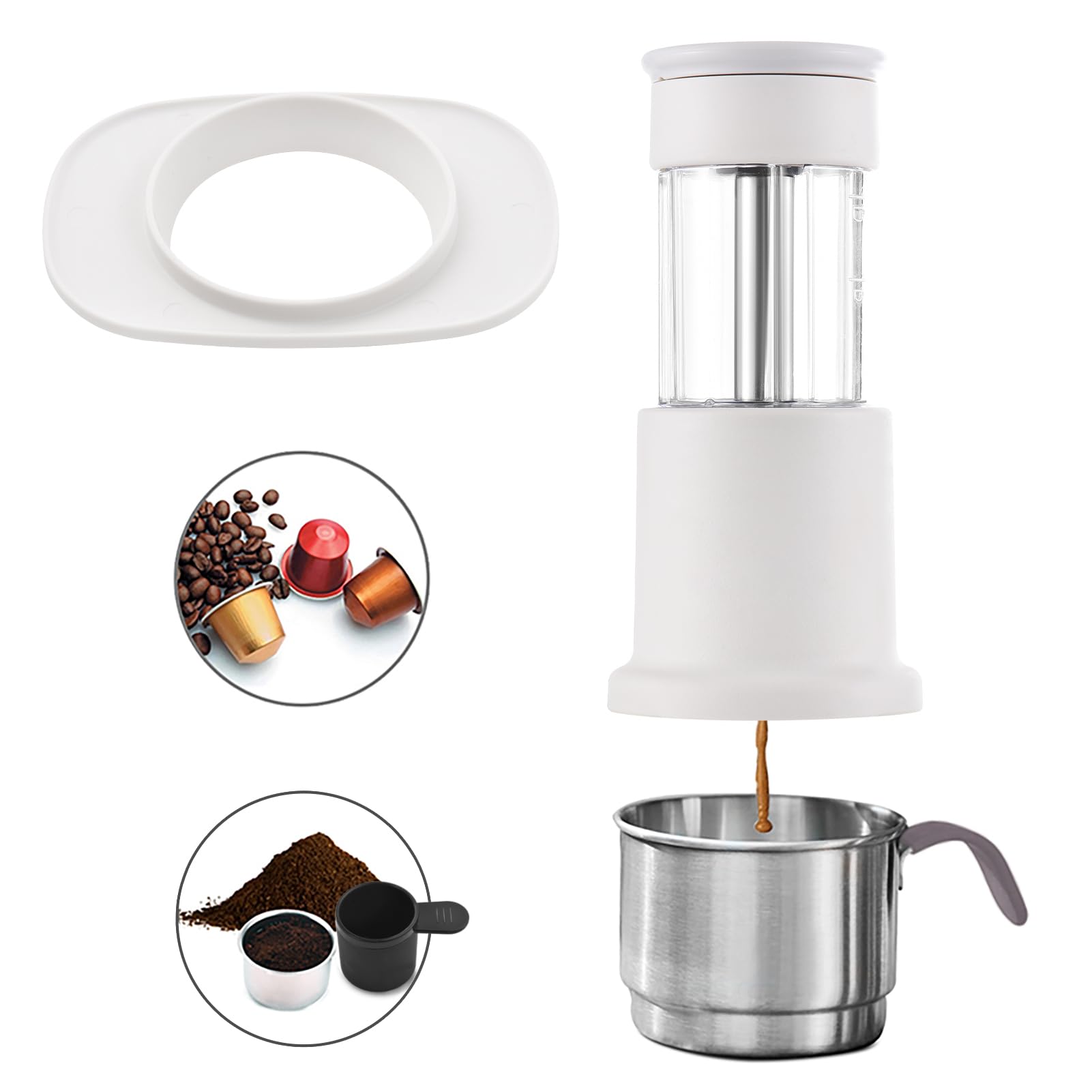 Compacta Prensada a Mano con Tanque de Agua de 80 Ml y Taza 120 Ml, Portátil para Caminatas y Viajes, Prensa Manual para un Auténtico Sabor a (Blanca)