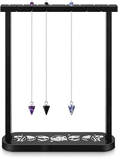 Wooden Pendulum Display Stand Black Crystal Display Shelf for Stones Rocks Crystal Pendulum Holder with 3 Pieces Pendants Witch Ornament Holder Stand for Home Tabletop Necklace Healing Stone Rack