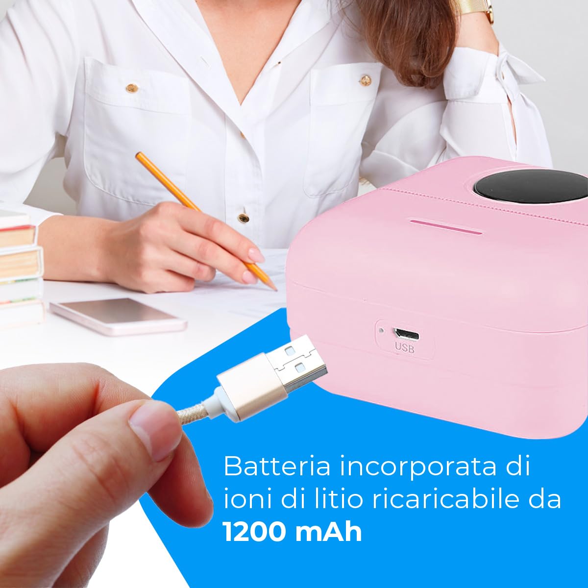 NK Stampante Fotografica Portatile con 5 Rotoli di Carta Termica - Mini Stampante Termica Mobile Wireless, Cavo USB, Compatibile con iOS e Android, Rosa
