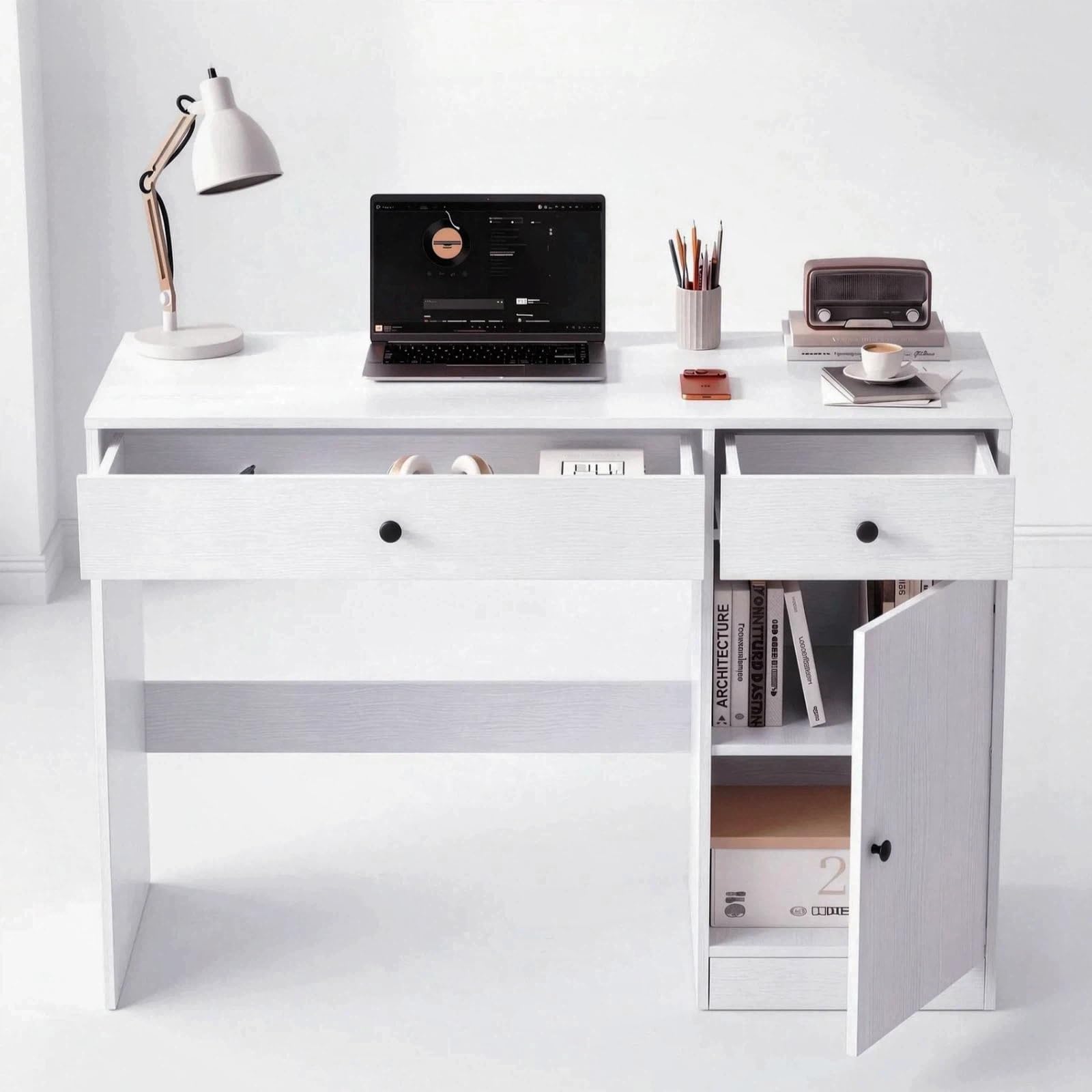 VOWNER Computer Desk with Drawers, 120x50cm Office Desk with Storage, Gaming Desk for Small Space, Classic PC Study Table for Home Office、Bedroom or Living Room, White