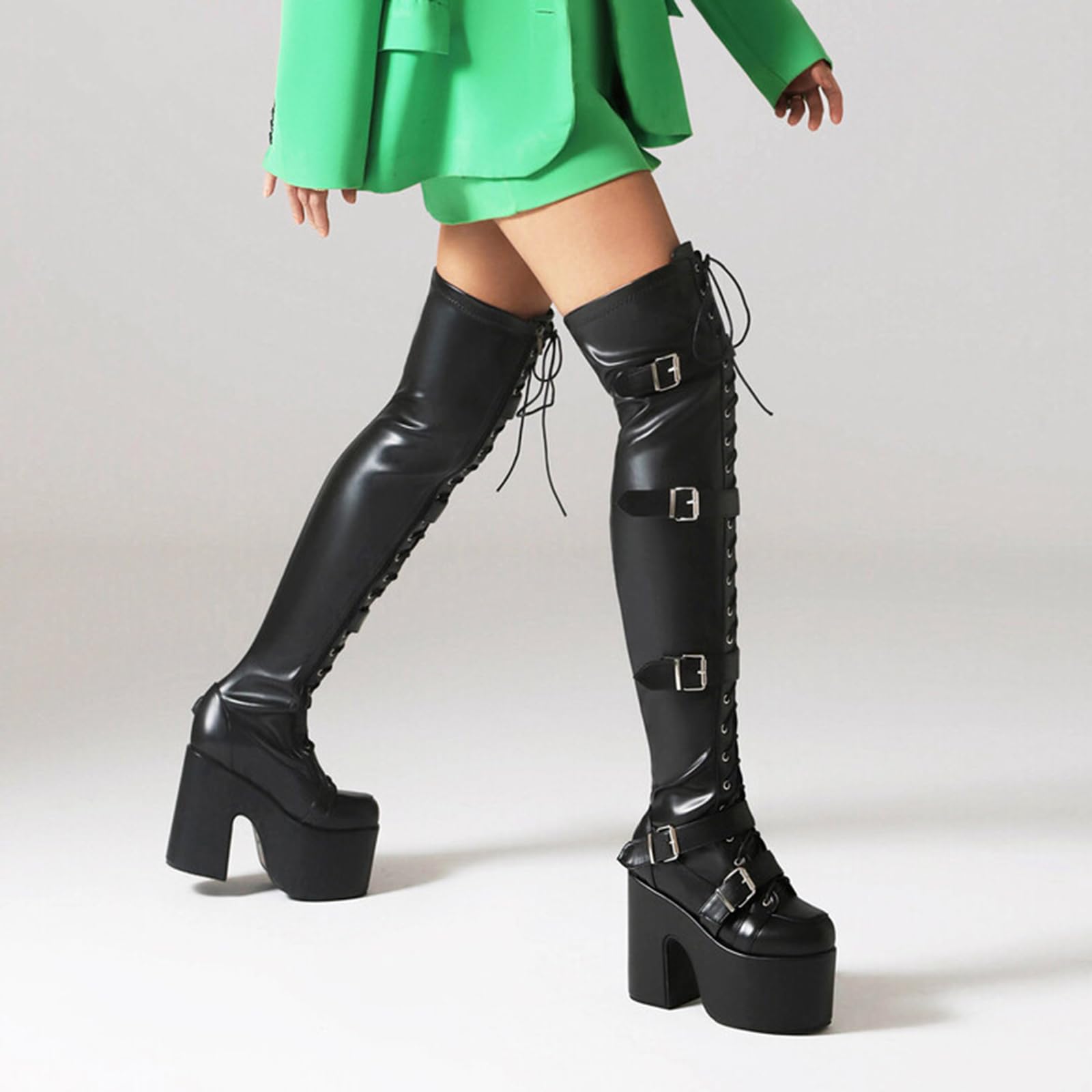 11.5CM/ 4.52IN Pole Dancing Botas de tacón Alto de Gran tamaño Botas de tacón Alto Grueso de Las Mujeres Plataforma de Encaje Nightclub Botas de Jinete Sexy