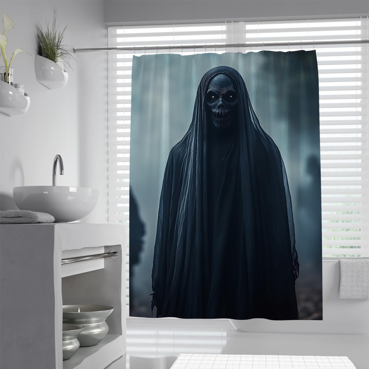UIRINGART Halloween Skull Ghost Shower Curtain W100xL200cm Spooky Black Cloak Spectre Anti Mould Mildew Resistant Waterproof Fabric Bathroom Curtain with Hooks