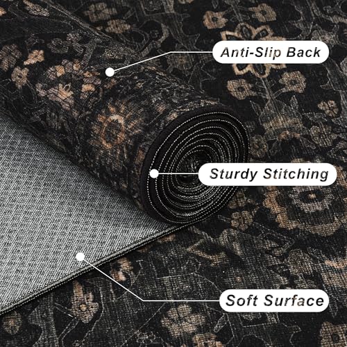 Image of 8x10 Washable Rug for Living Room Bedroom Black Low Pile Soft Non-Slip Large Rug for Under Table Boho Distressed Retro Carpet for Bedroom Kitchen Office Dining
