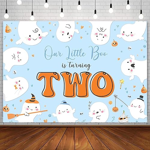AIBIIN Telón de fondo de fiesta de cumpleaños de Halloween de 7 x 5 pies para niños, decoración de fiesta de feliz cumpleaños, Our Little Boo is