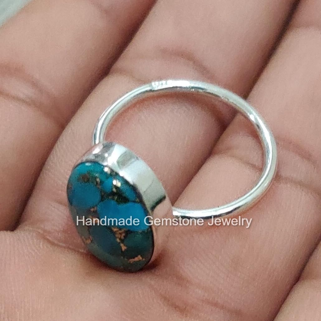 Handmade Blue Copper Turquoise Ring - 925 Sterling Silver Plated Healing Crystal Statement Ring for Women, Mojave Turquoise Friendship & Promise Jewelry, Daily Wear Gift