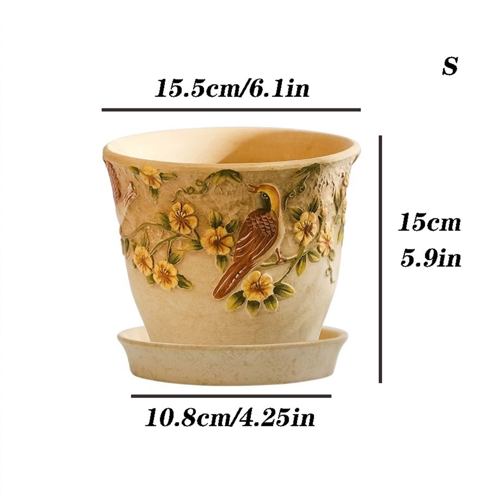 Doniczka kwiatowa Ceramiczna doniczka z tacą kreatywna ulga ręcznie malowana doniczka w stylu retro duża doniczka z otworem spustowym taca Doniczki na Rośliny (Size : S)