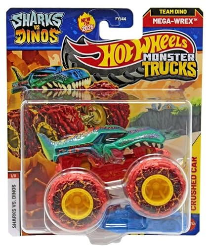 Hot Wheels Monster Trucks Sharks vs Dinos, 1:64 Scale Die-Cast Vehicle Collection, 2025 Edition (1/8 Team Dino Mega-Wrex)