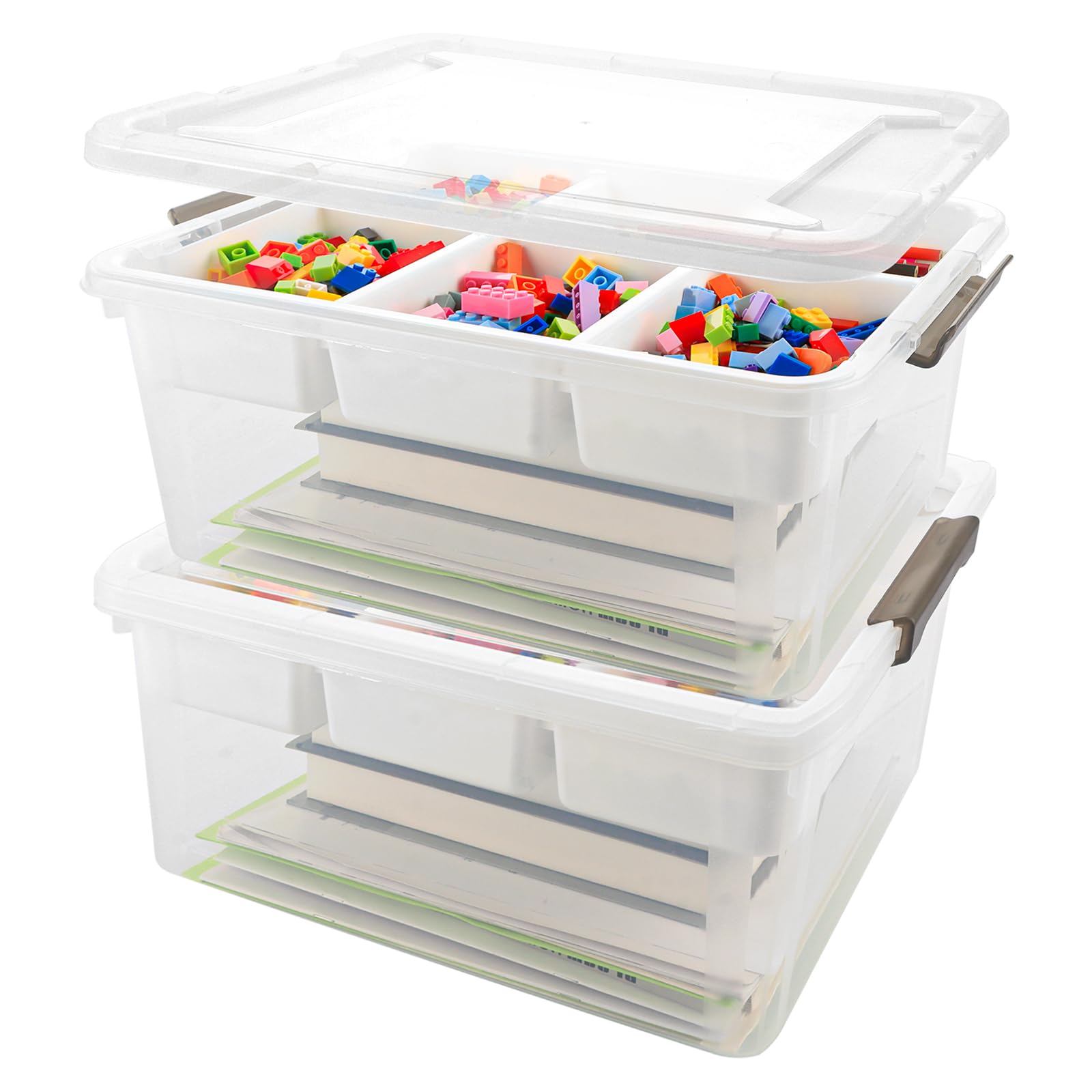 YOUNTHYE Set di 2 scatole portaoggetti con scomparti, 40,5 x 29,5 x 18,5 cm, impilabili, grandi, per mattoncini da costruzione e accessori per il fai da te
