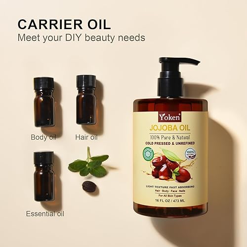 Miniatura 5 de Yoken Aceite de jojoba puro de 16 onzas líquidas  Aceite de jojoba natural 100 para cabello, piel y cara, prensado en frío sin refinar, aceite