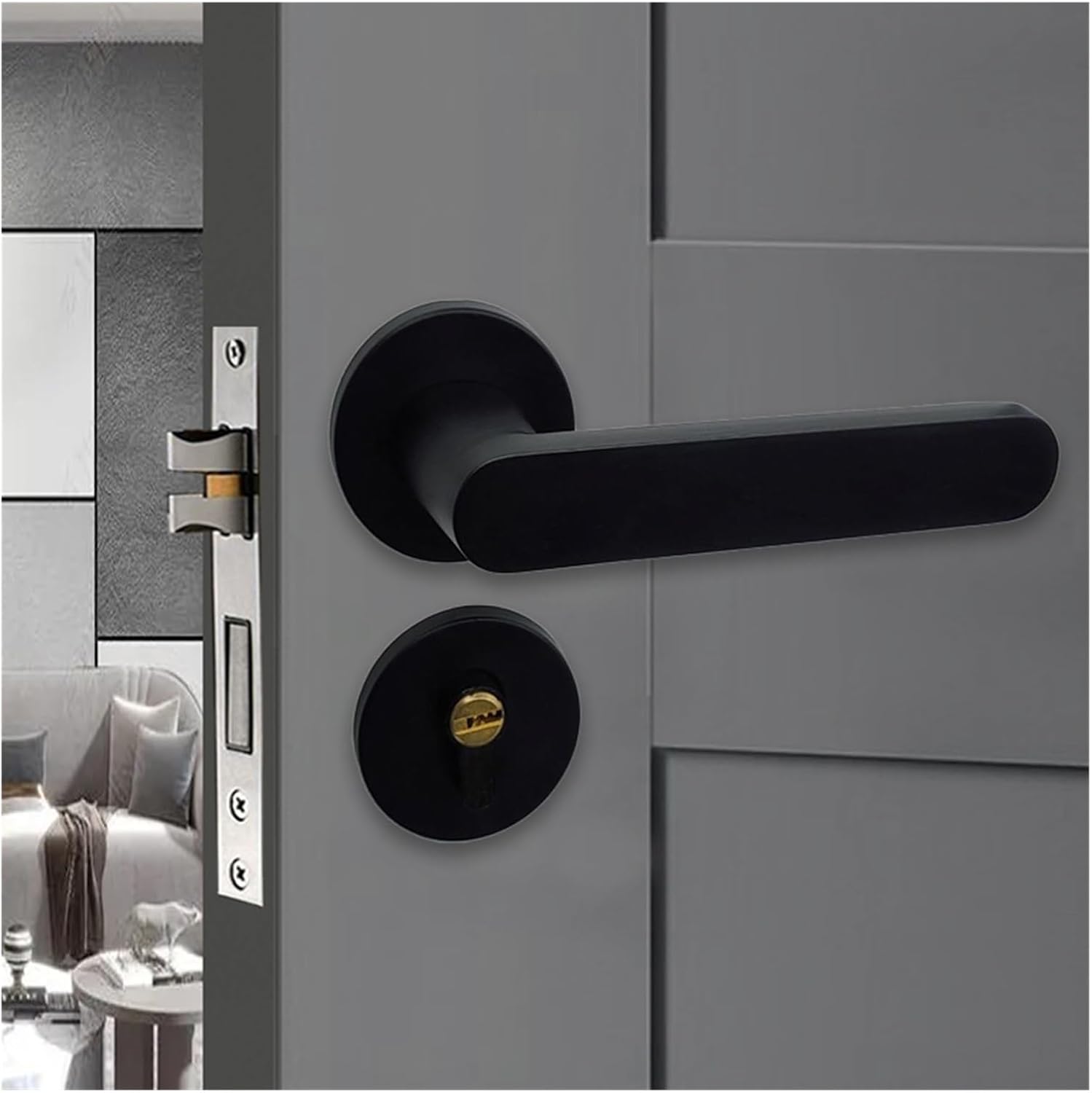 Light Luxury Split Silent Door Lock Bedroom Room Solid Wood Door Magnetic Lock Room Door Lock Gold Black Gray Set Indoor(Gray,Silent Lock)