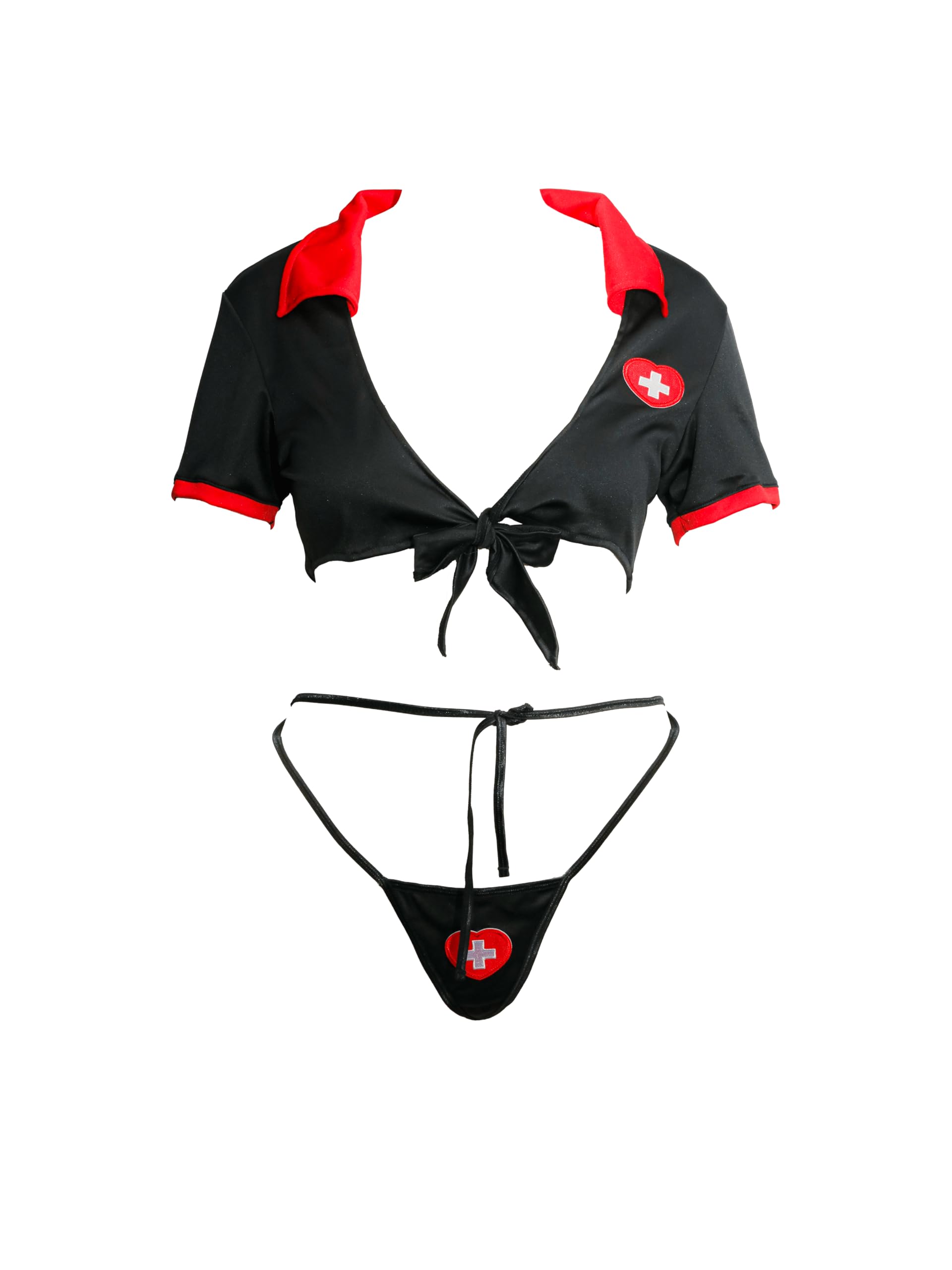 Sexy Nurse Lingerie Set for Women – Tie Front Crop Top with Collar & Heart Patch Bikini Bottoms-image-19