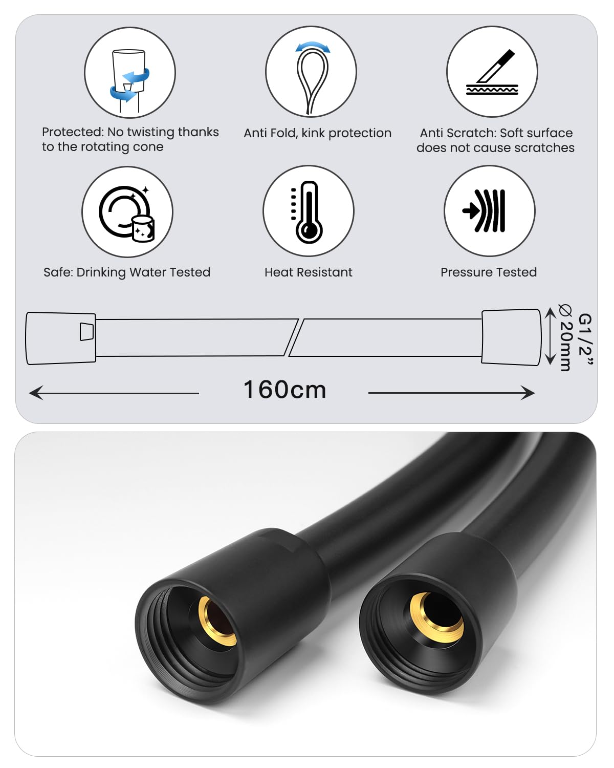 Tubo Flessibile Per Doccia In PVC Nero - 1.5M Anti-Esplosione, Anti-Torsione, Montaggio Universale G1/2 - Foto 9