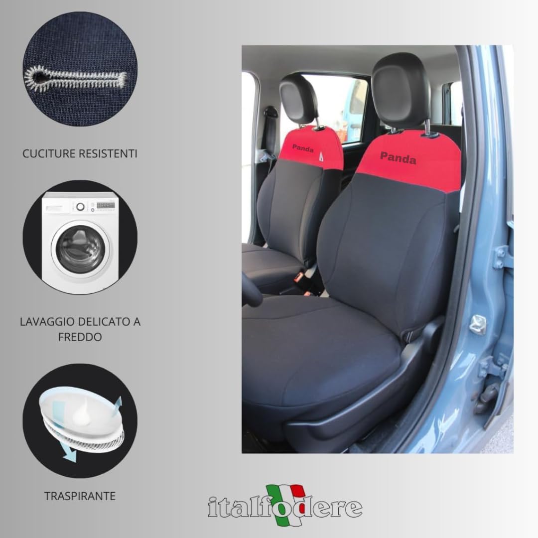 Italfodere - Accessori Auto - Coprisedili Auto Su Misura per Fiat Panda 2012 III Serie - Anteriori - In Cotone - Facile da Installare - Fatti a Mano - Made in Italy - Rosso/Nero